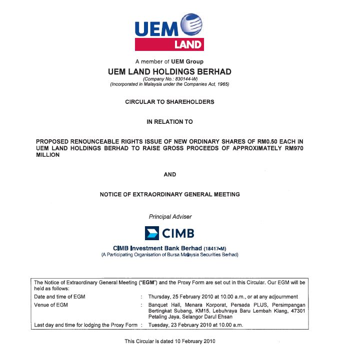UEM Sunrise Circular to Shareholders 10 February 2010