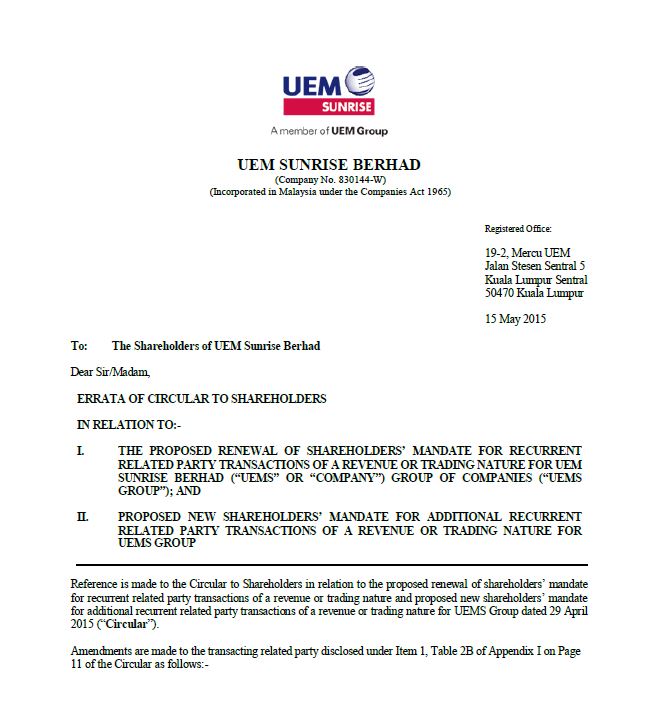 UEM Sunrise Circular to Shareholders 15 May 2015
