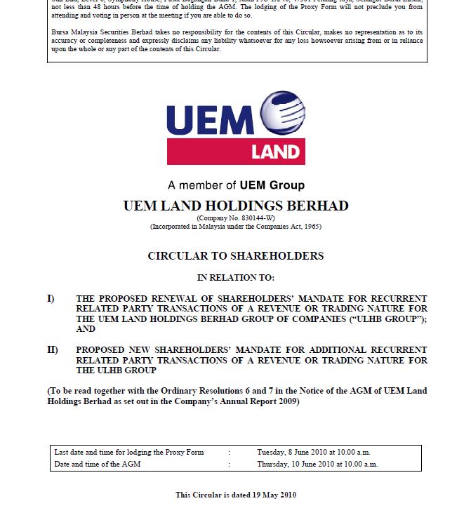 UEM Sunrise Circular to Shareholders 19 May 2010