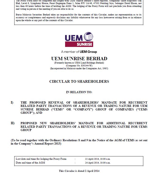 UEM Sunrise Circular to Shareholders 2 April 2014