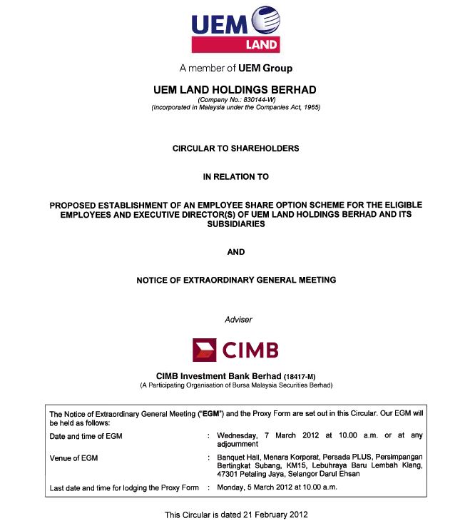 UEM Sunrise Circular to Shareholders 21 February 2012