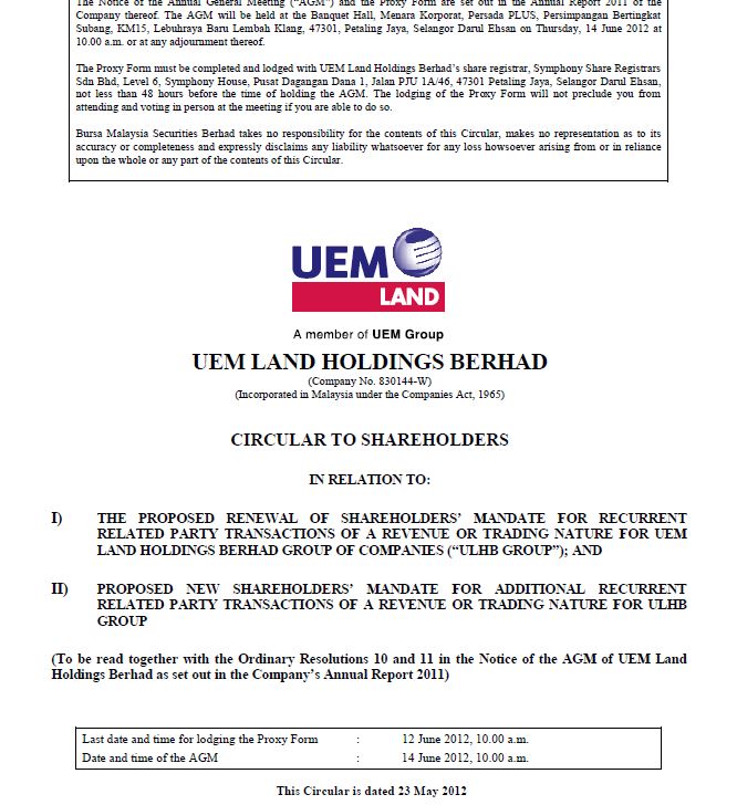 UEM Sunrise Circular to Shareholders 23 May 2012