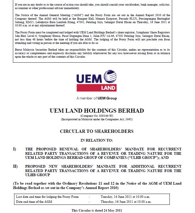 UEM Sunrise Circular to Shareholders 24 May 2011