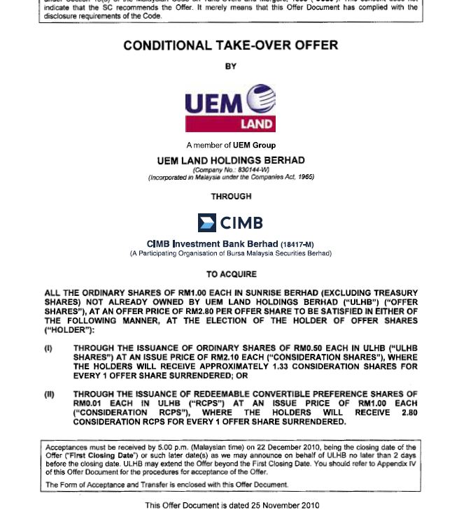 UEM Sunrise Circular to Shareholders 25 November 2010