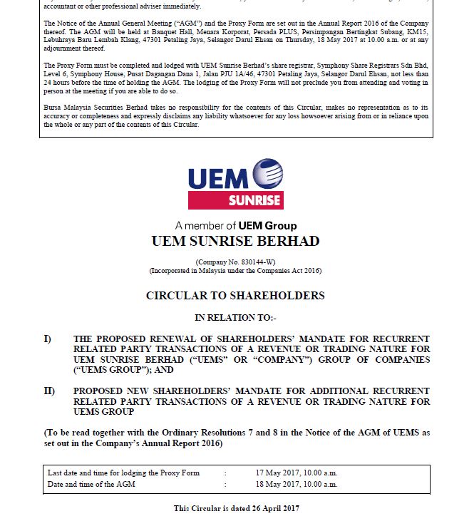 UEM Sunrise Circular to Shareholders 26 April 2017