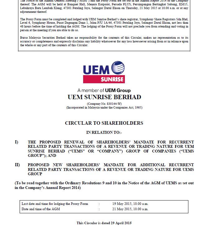 UEM Sunrise Circular to Shareholders 29 April 2015