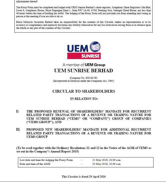 UEM Sunrise Circular to Shareholders 29 April 2016