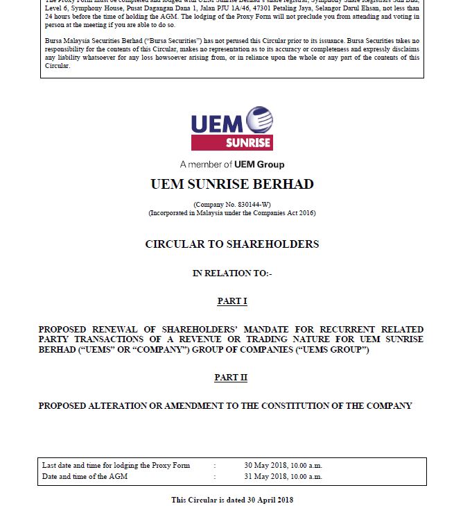 UEM Sunrise Circular to Shareholders 30 April 2018