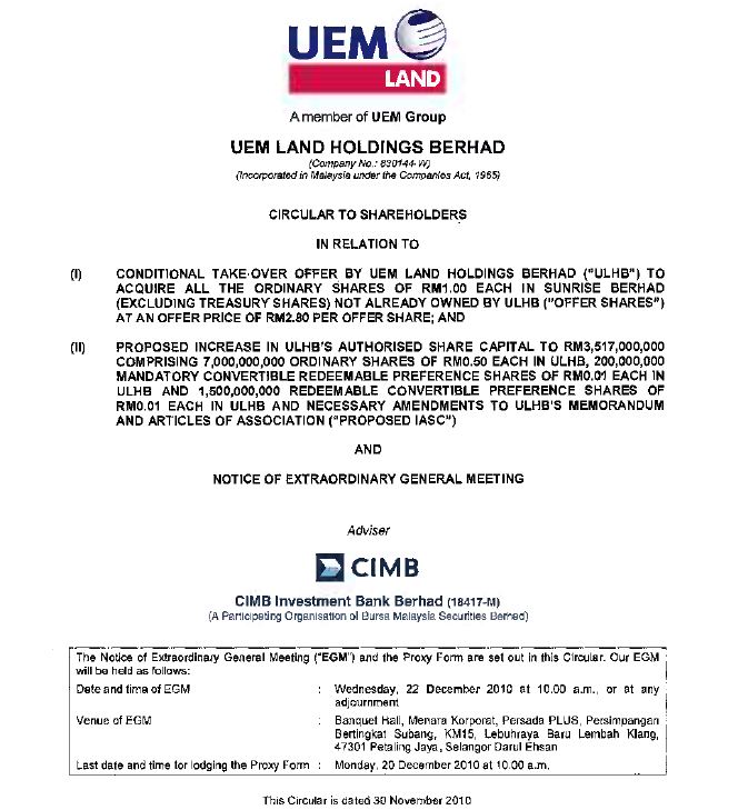 UEM Sunrise Circular to Shareholders 30 November 2010