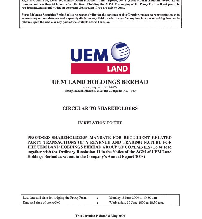 UEM Sunrise Circular to Shareholders 8 May 2009