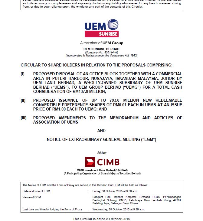 UEM Sunrise Circular to Shareholders 8 October 2015