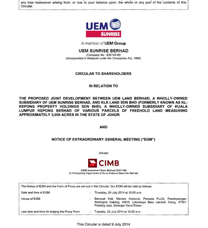 UEM Sunrise Circular to Shareholders 9 July 2014