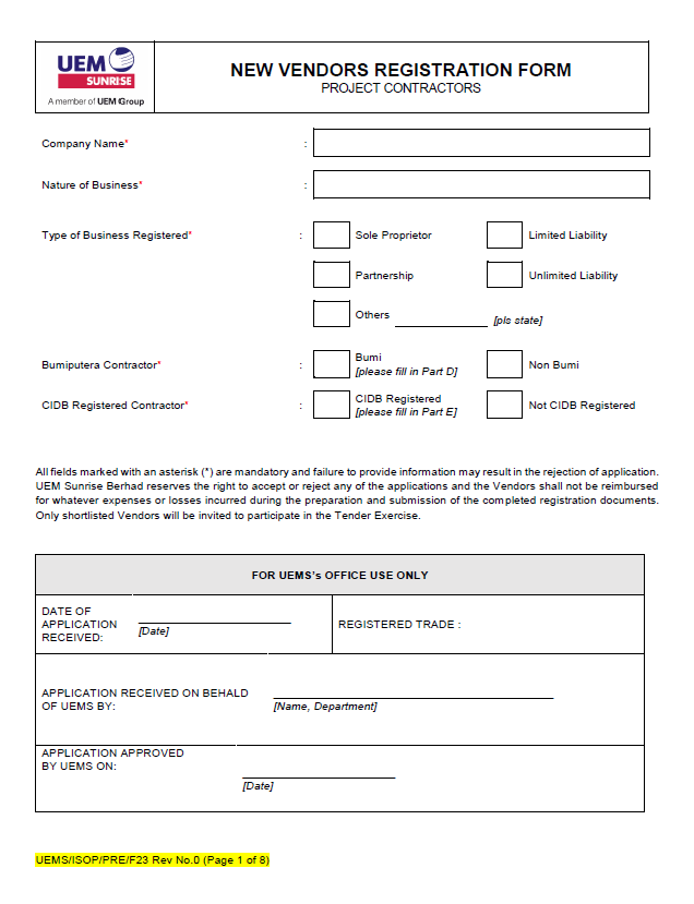UEM Sunrise Form New Vendor Registration -  Project Contractors