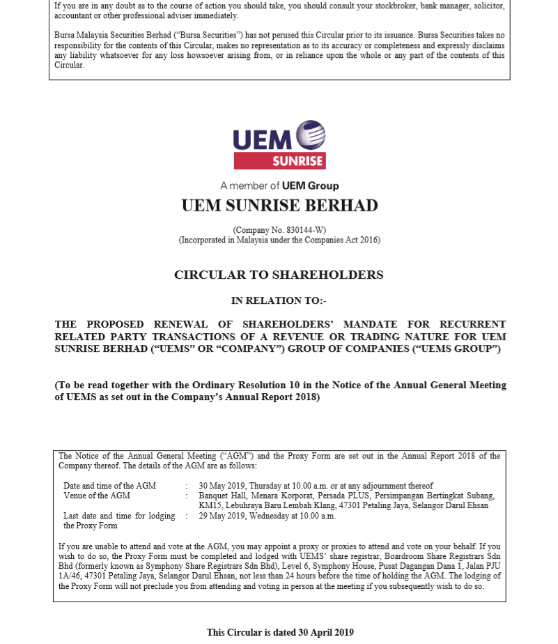 UEM Sunrise Circular to Shareholders 30 April 2019