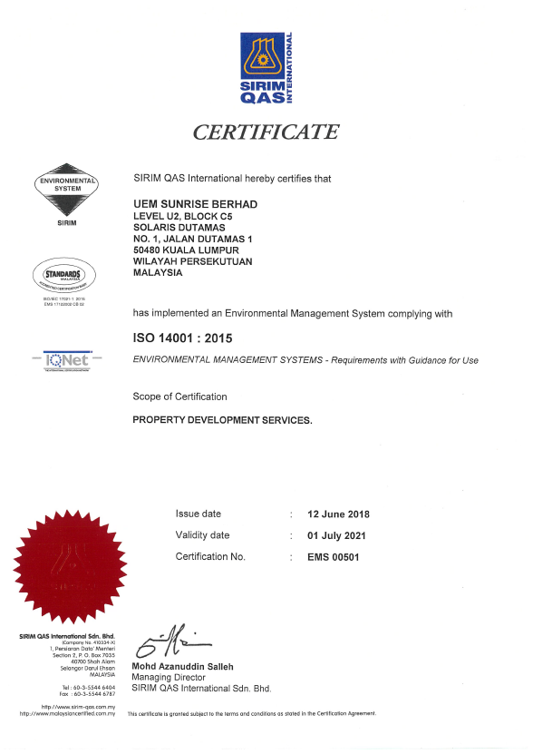 UEM Sunrise ISO Certificates ISO 14001