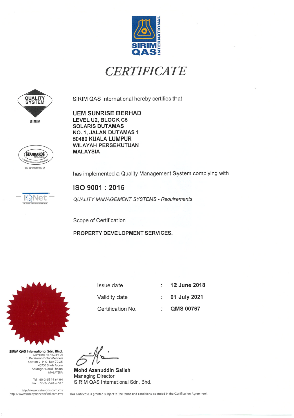 UEM Sunrise ISO Certificates ISO 9001