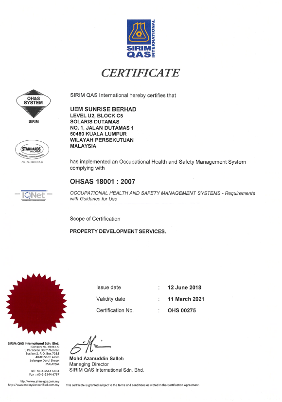 UEM Sunrise ISO Certificates OHSAS 18001